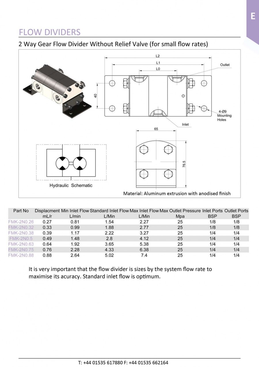 2 way gear flow divider without relief valve (for small flow rates) C
