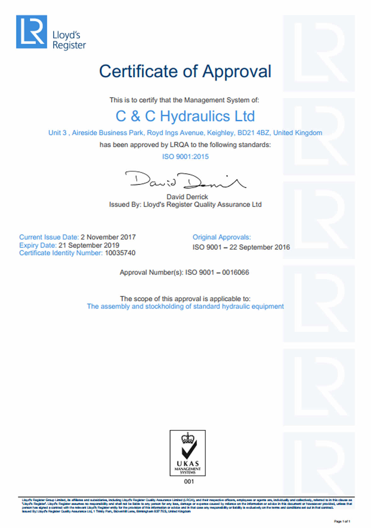 CC Hydraulics ISO 9001 Certificate
